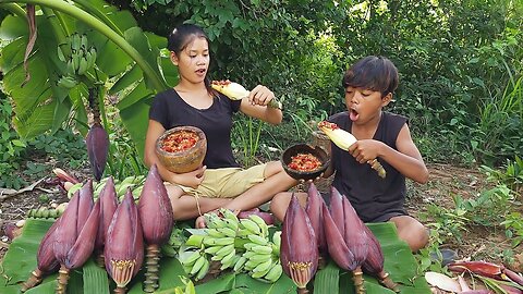 Wow Mouth Watering Video by Eating fresh Banana flower and fruit with hot chili for lunch