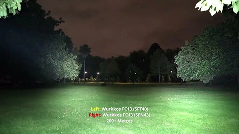 Flashlight beamshot comparison: Wurkkos FC13 (SFT40) vs FC13 (SFN43) - flood vs throw.
