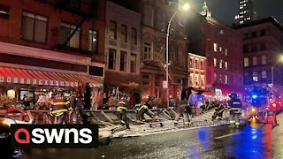 One injured after the top of a large outdoor dining tent blew free in middle of bustling street