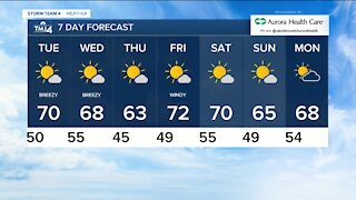 Tuesday is sunny with highs near 70