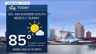 Mostly sunny and becoming less humid Monday