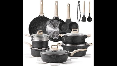 CAROTE 21pcs Pots and Pans Set Nonstick, Cookware Set Black Granite Induction