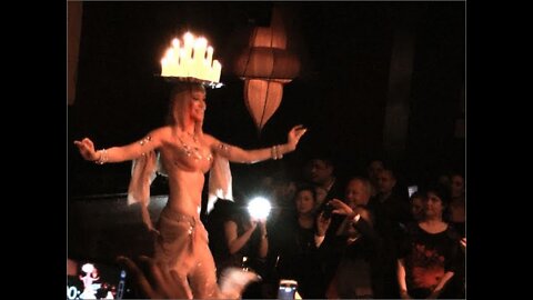 Neon belly dancing at Andy Troy's party, NYC, Usher "DJ got us falling in love again" - belly dance