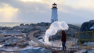 It was finally cold enough to take the hot water toss to Peggy's Cove