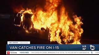 Van bursts into flames on I-15
