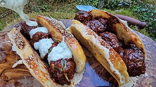 Big Beef Balls Sandwich prepared and cooked in the forest (ASMR, CAMPFIRE, CAMPING)