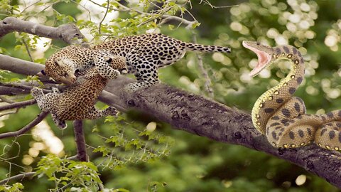 Python Attack Baby Leopard When Mother Hunting
