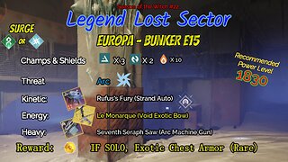 Destiny 2 Legend Lost Sector: Europa - Bunker E15 on my Solar Hunter 11-25-23