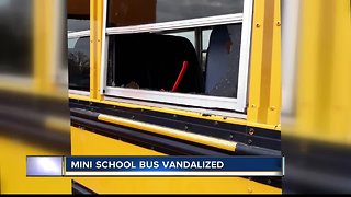 Mini school bus for refugees vandalized