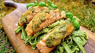 Boys will be Boys😎 Green Pesto Pasta with Salmon. ASMR Off-road Cooking.
