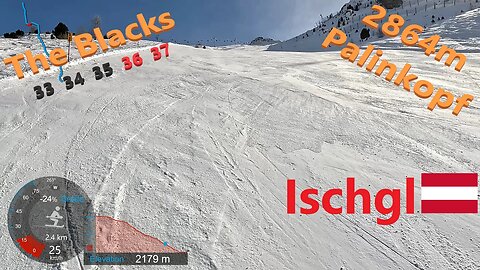 [4K] Skiing Ischgl, The Blacks 33, 34 and 35 Starting from Palinkopf 2864m, Austria, GoPro HERO11