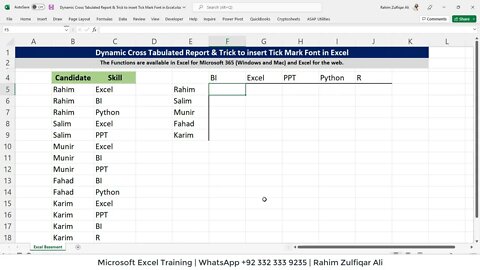 Dynamic Cross Tabulated Report & Trick to insert Tick Mark Font in Excel