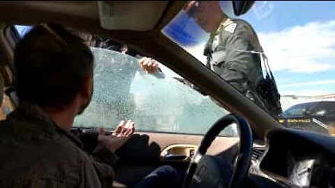 La polizia gli rompe il finestrino per tirarlo fuori dall'auto...