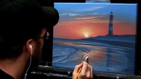 Acrylic Seascape Painting of a Lighthouse and Rosy Sunrise - Time-lapse - Artist Timothy Stanford