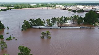 Drone video of the USS Batfish floating in floodwater