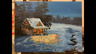 Landscape Painting Time-lapse: Christmas Cabin by the Lake