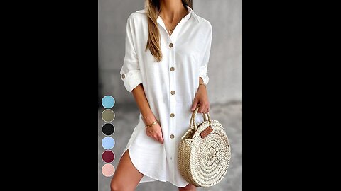 Loose Casual V Neck Buckle Shirt Dress, Long Sleeve, Regular Size, Activity Daily