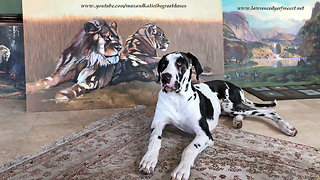 Majestic puppy poses like lion in beautiful painting