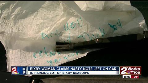 Bixby woman says hateful note left on car in parking lot of Reasor's store