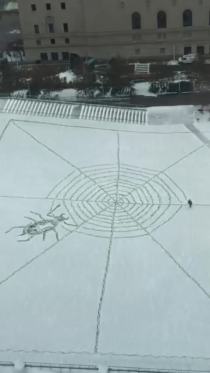 Unknown snow artist creates massive spiderweb on Mall B in Downtown Cleveland