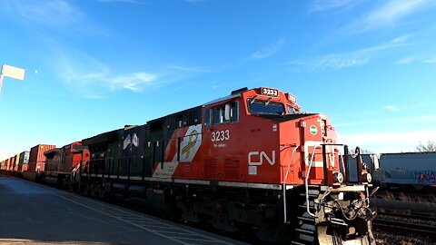 CN 3233 Military Tribute & CN 8101 Locomotives Stack Train Westbound In Sarnia