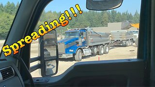 Spreading crushed concrete in a Kenworth T880 Dump Truck. Trucking and Construction.