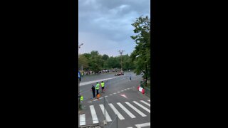 Red Bull RB7 V8 F1 car tearing up the streets of Bucharest