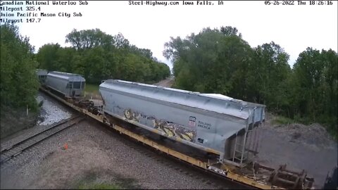 SB UP Manifest with 3 Derailed Cover Hopper on Flat Cars at Mills Tower on May 26, 2022