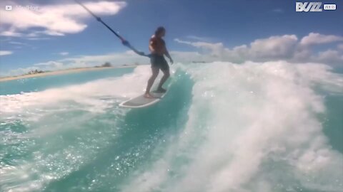 Delfin medvirker i en wakesurfing-session