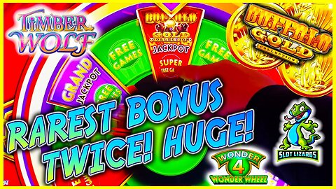 MEGA HUGE WIN! HITTING THE RAREST BONUS TWICE! Buffalo Gold VS Timberwolf Wonder 4 Wonder Wheel Slot