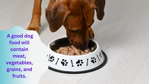 A good dog food will contain meat, vegetables, grains, and fruits.