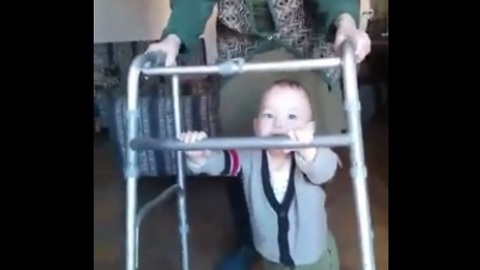 Baby takes first steps with 90 year old great-grandmother