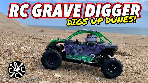 RC Grave Digger Speedster With Paddle Tires On The Dunes of OBX - Axial Yeti Jr Can-Am