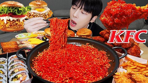 ASMR MUKBANG | nouilles au feu, Cheetos, poulet frit, burger, bâtonnet de fromage, dépanneur, KFC