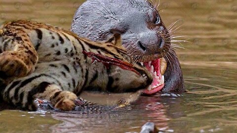 Giant Otter bite Jaguar head for daring to attack its comrades