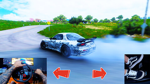 Mazda RX-7 ripping town with SteeringWheel + Handbrake