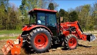 Branson 7845c (Kioti tiller) tilling food plots & Illinois homestead drone tour