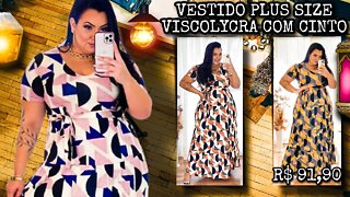 🛑 Vestido Longo Plus size Viscolycra Três Maria com cinto 46 ao 54 Moda Feminina!