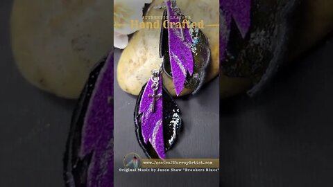 PURPLE CROSS, 2 inch, feather inspired, leather earrings