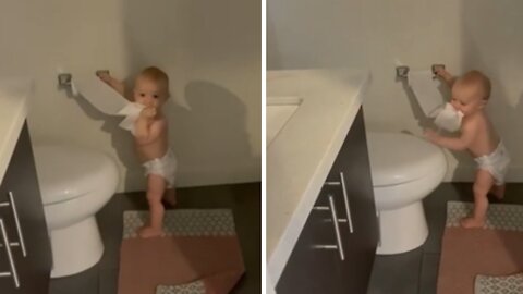 Baby Caught In The Act Of Unravelling The Toilet Paper