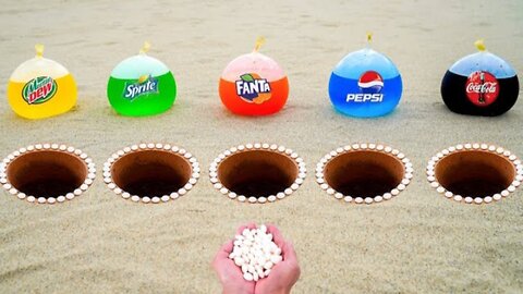 Coca Cola, Pepsi, Fanta, Sprite, Mtn Dew Balloons and Mentos in Different Holes Underground