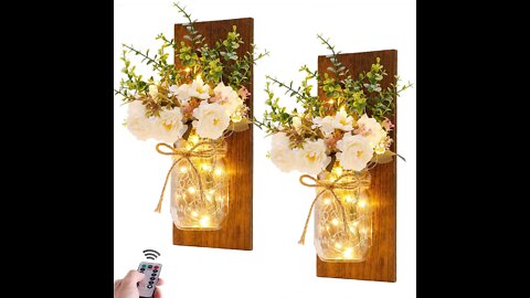 Rustic Wall Sconces Mason Jar with Remote Control LED Fairy Lights and White Peony