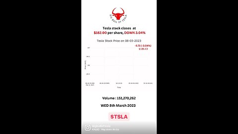 Tesla stock closes at $182.00 per share, DOWN 3.04% WED 8th March 2023