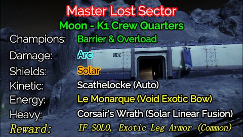 Destiny 2 Master Lost Sector: The Moon - K1 Crew Quarters 11-27-21