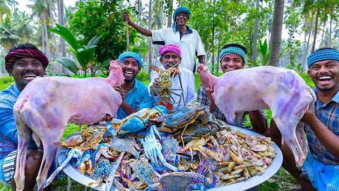 SEAFOOD INSIDE MUTTON | Stuffed Seafood Recipe Cooking in Village | Big Lobster Big Crabs Recipe