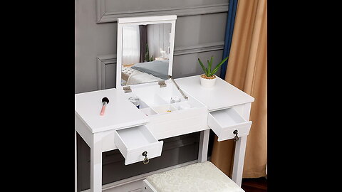 KASLANDI Makeup Vanity with Flip Mirror Vanity Desk Writing Table with 2 Drawers, Built-in Clea...