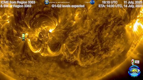 Solar Storm expected 14:00 UTC (+/- 7 hrs), 14 July, 2023 from ICME @ 19:15 UTC 11 July, 2023 4K