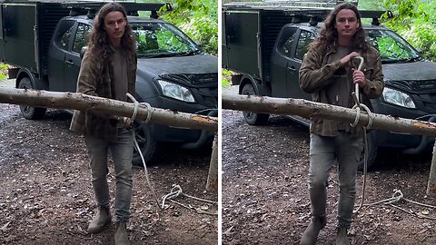 Man shows remarkable knot-tying expertise on a tree branch