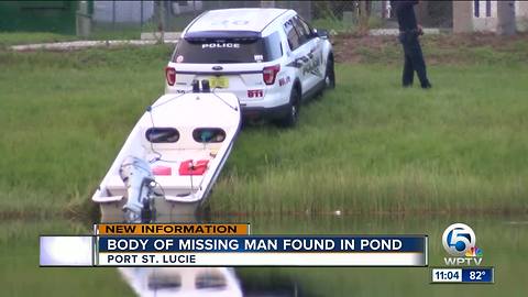 Body of missing man found in pond in Port St. Lucie