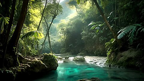Relaxing Jungle River Sounds | 10 Hours | Sleep, Relax, Study 🌴🐒🌺